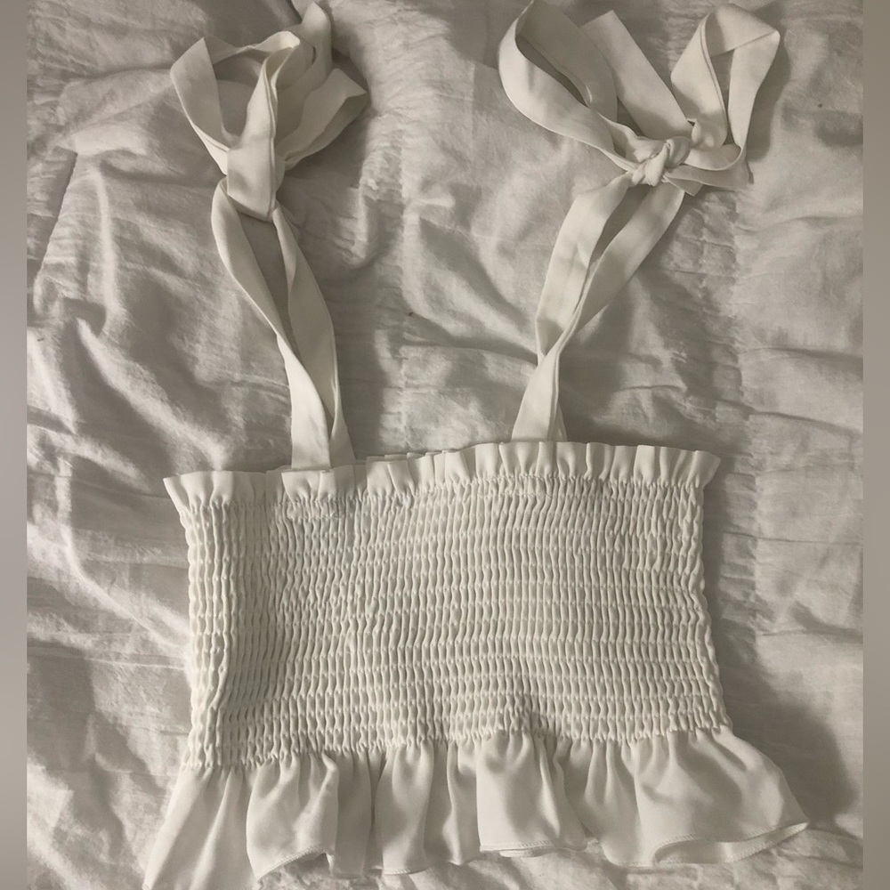 White ruched crop top with tie straps, bought from shein size xs